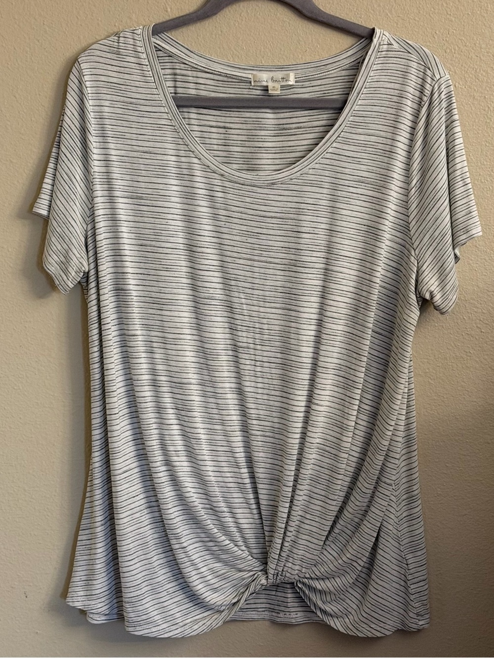 nine britton White and Black Micro-Stripe Twist-Front Short Sleeve Tee